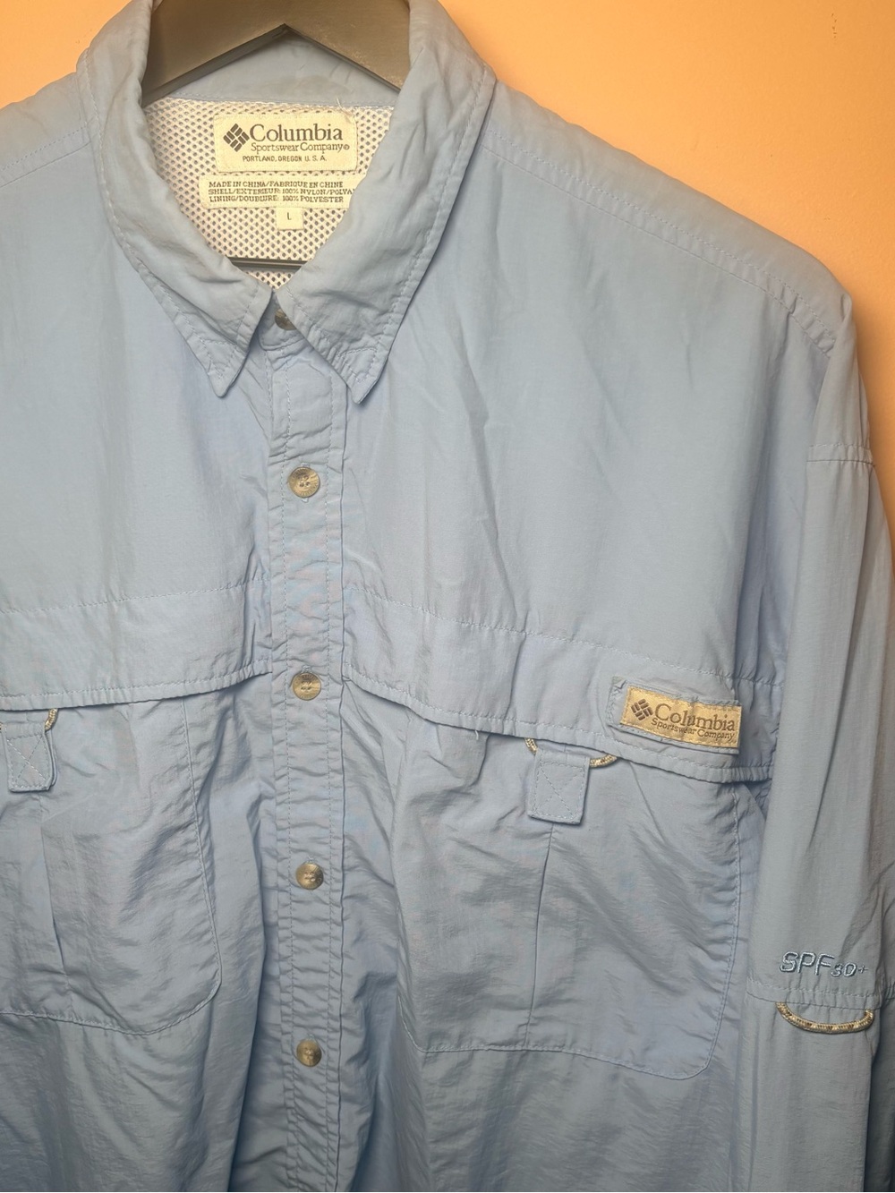Vintage Columbia Fishing Shirt Mens L Blue SPF 30 Vented Nylon Y2K